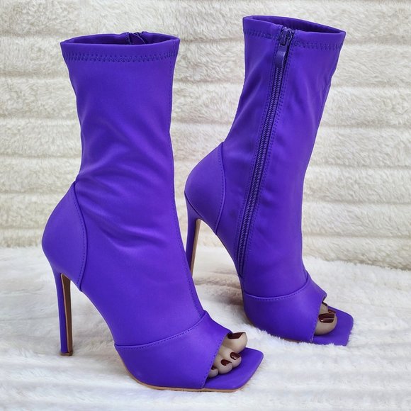 Bold Purple Stretch Square Open Toe High Heel Ankle Boots - Picture 7 of 8